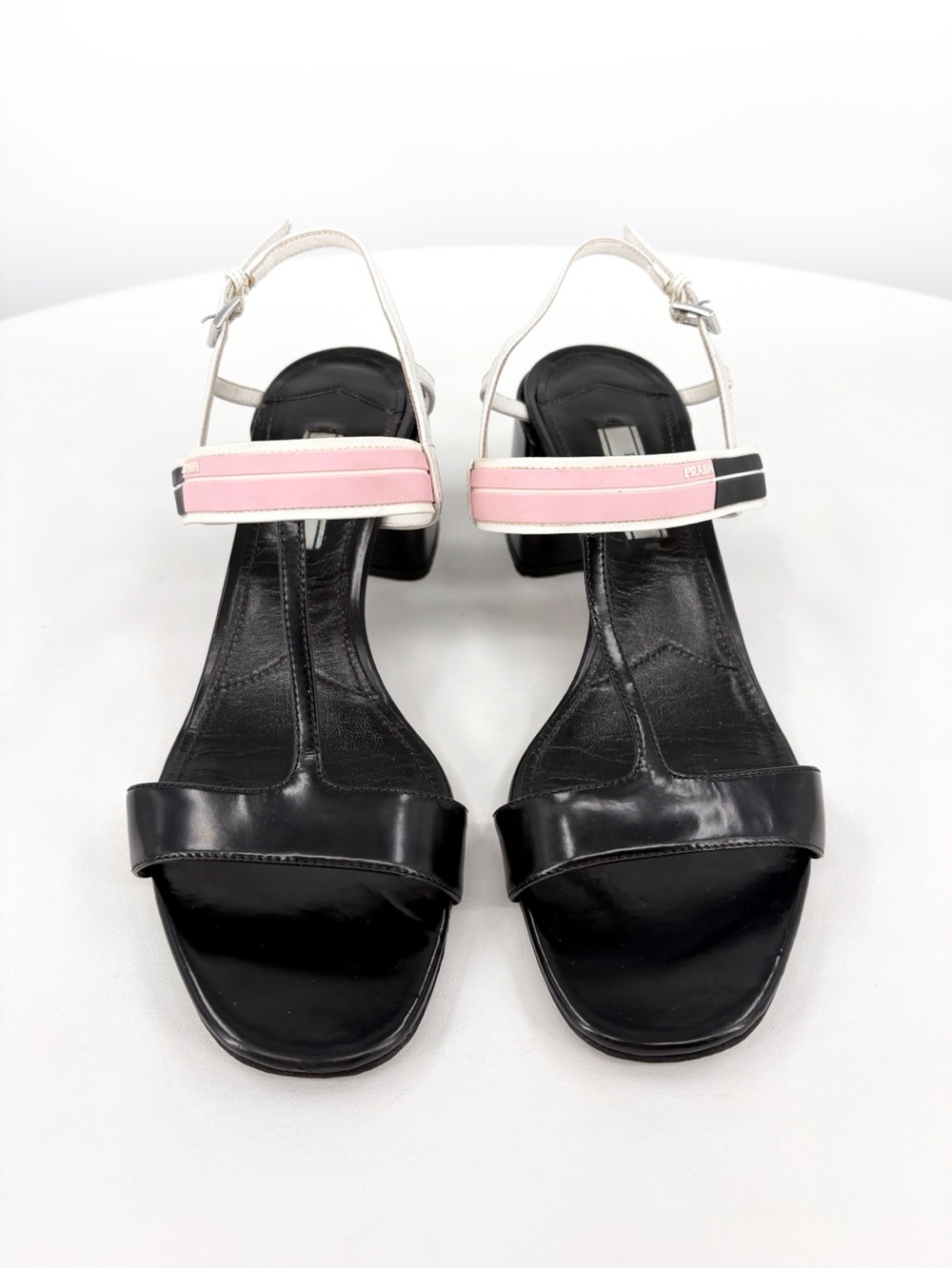 PRADA T-Strap Slingback Block Heel Sandals in White Black EU 38 US 8 - Picture 3 of 13